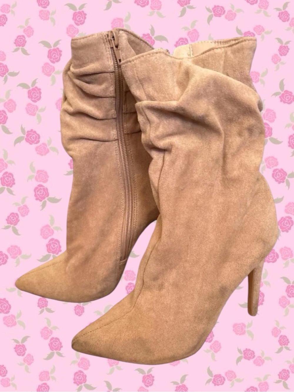 Beige Faux Suede Slouchy High Heel Boots 5.5